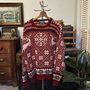 VINTAGE TIMBER VALLEY Red Fair Isle Winter Reindeer Sweater Wool  Blend